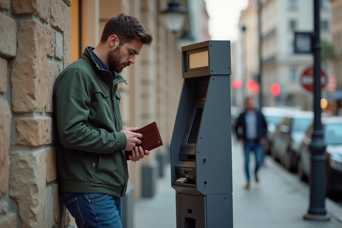 Jeune homme regardant son portefeuille devant un distributeur