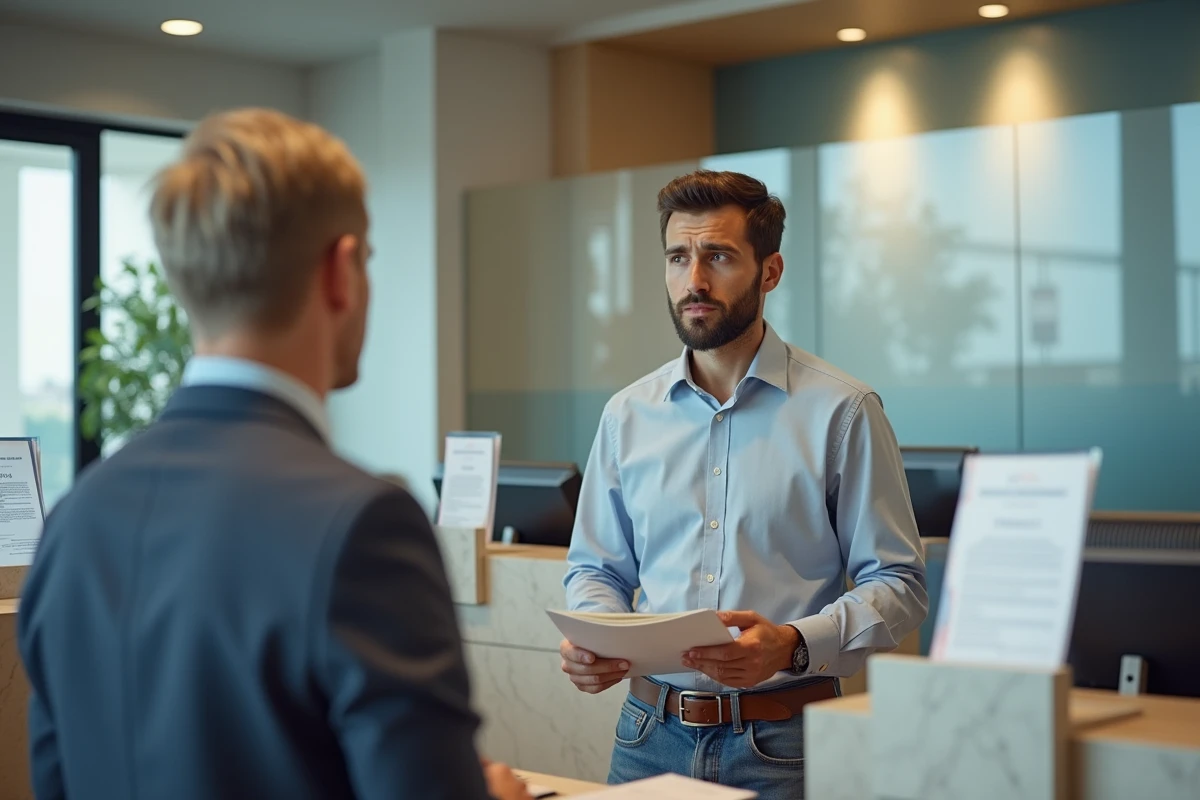 Jeune homme parlant avec un conseiller bancaire dans une agence