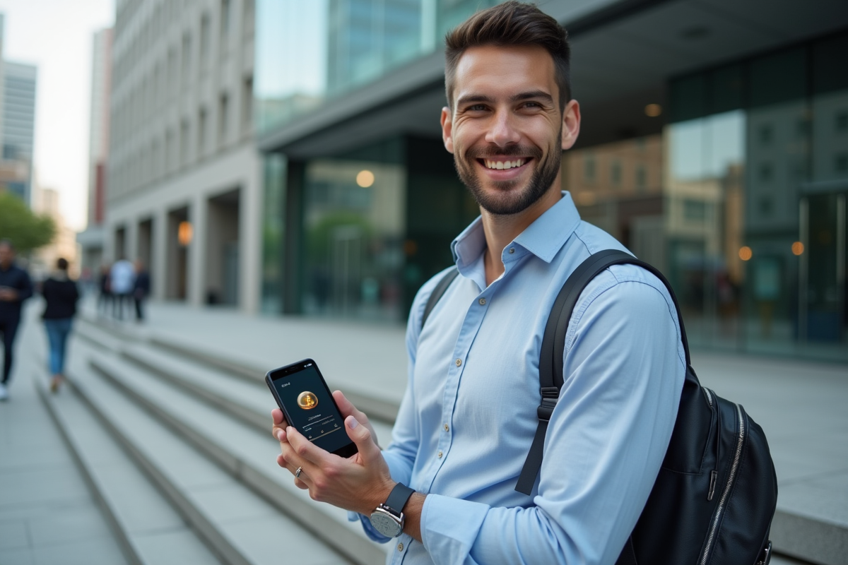 Jeune homme avec smartphone dans un bâtiment moderne