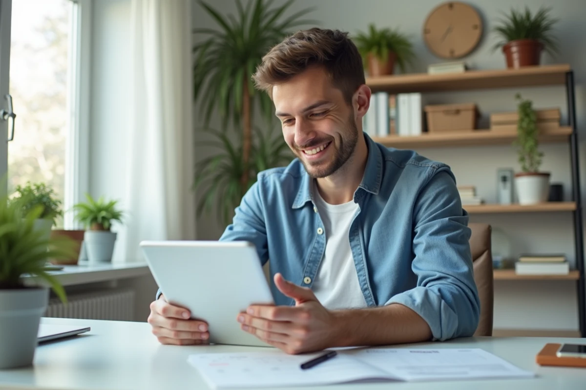 Jeune homme utilisant une tablette dans un bureau lumineux