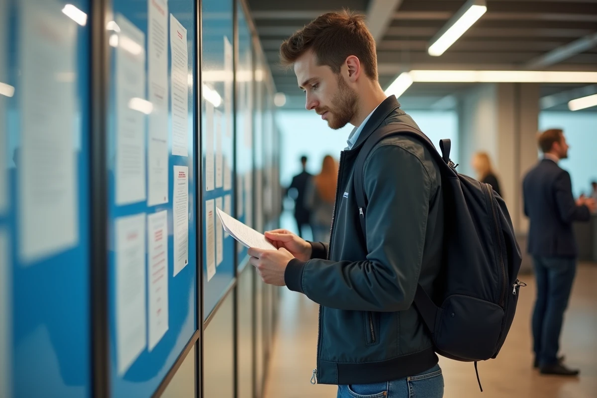 Jeune homme français lisant une affiche dans un bureau moderne