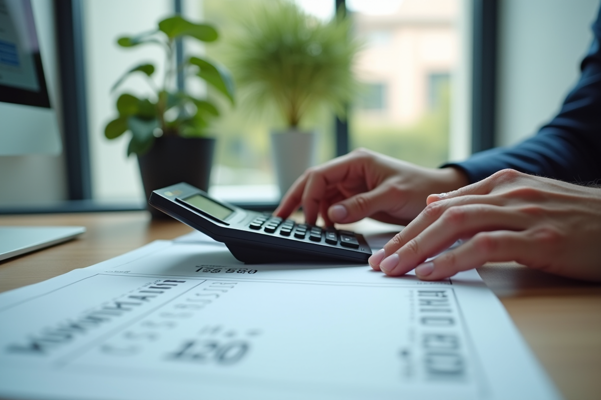 Jeune professionnel calculant son salaire avec une calculatrice