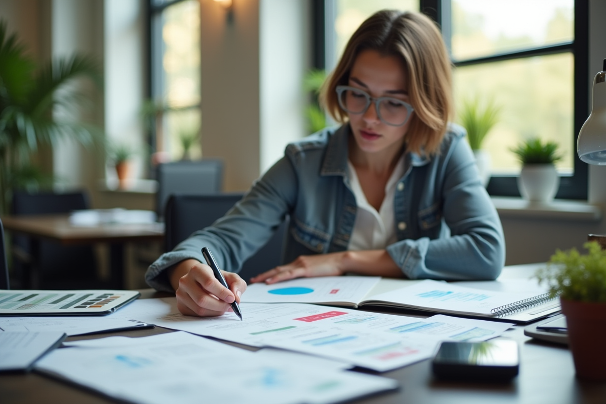 Jeune professionnel organisant ses finances à un bureau moderne