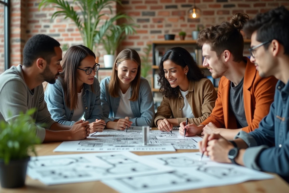 Groupe de jeunes collaborant sur des plans urbains
