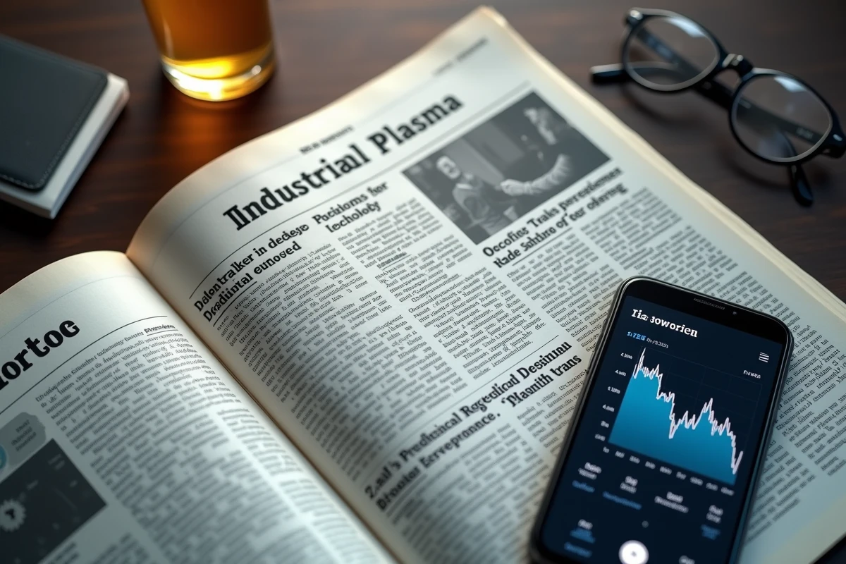 Gros plan sur un journal financier et un graphique boursier sur smartphone illustrant l'avenir d'Europlasma