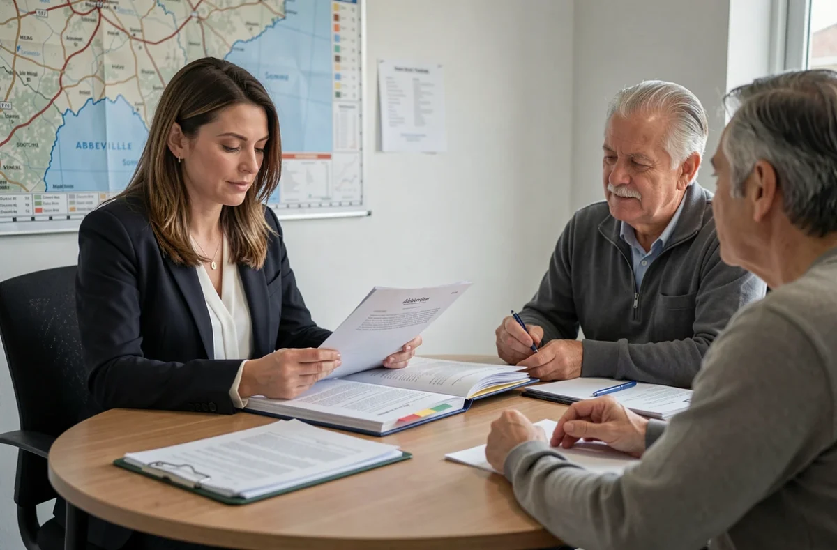 Conseillère de Lyderic Patrimoine présentant un dossier de gestion patrimoniale à des clients près d'Abbeville