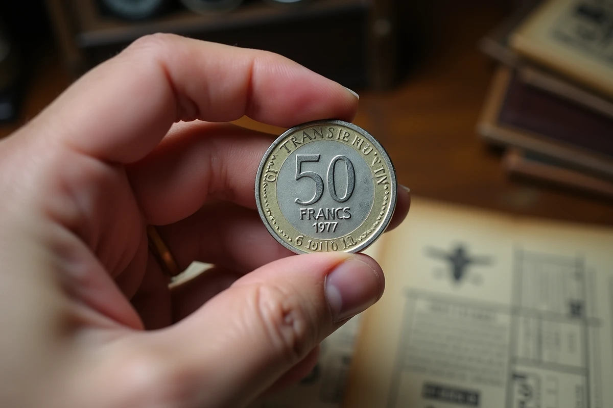 Main tenant une pièce de 50 Francs 1977 argent entre les doigts, montrant la tranche et l'épaisseur