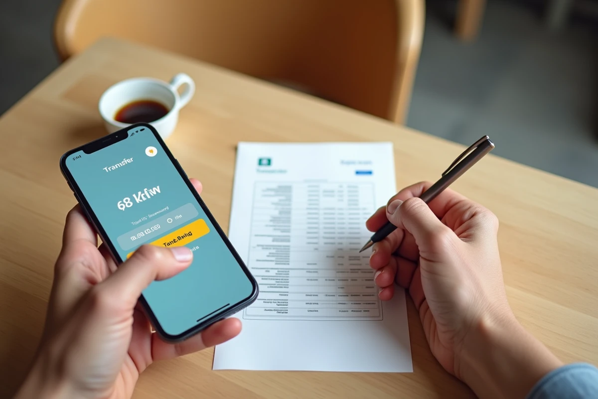 Mains tenant un smartphone avec une application bancaire pour effectuer un virement plafonné