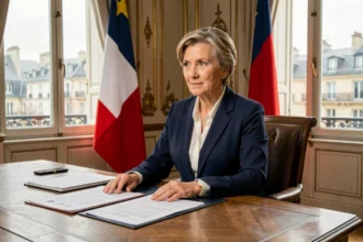 Maire de Paris dans son bureau officiel examinant des documents administratifs sur le salaire et les indemnités élus