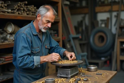 Ouvrier en bleu pesant du laiton dans un atelier industriel