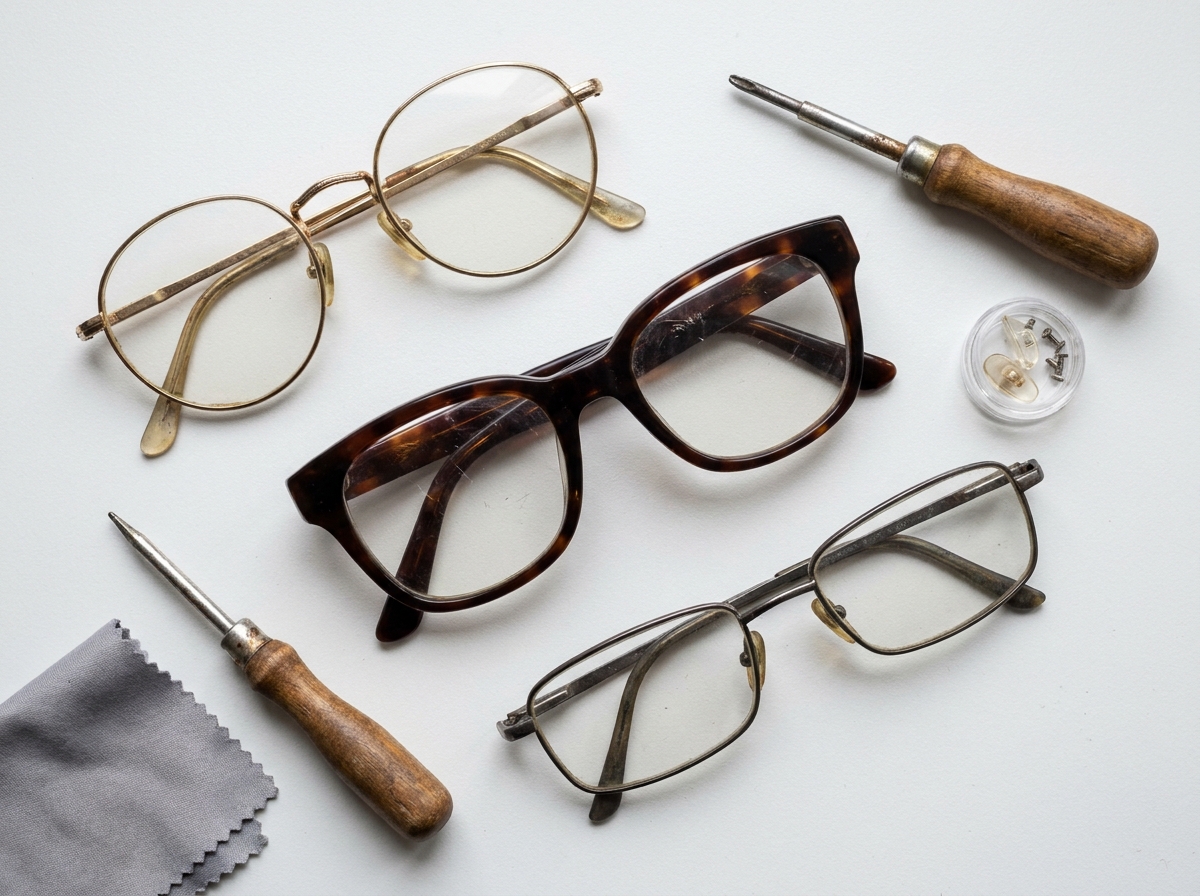Assortiment de montures de lunettes de seconde main et outils d'opticien sur fond blanc