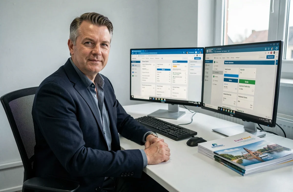 Courtier de Nord Courtage Assurances à Valenciennes à son bureau avec des outils d'assurance auto