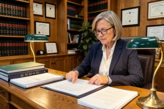 Notaire féminine examinant des documents de tutelle dans un bureau juridique classique