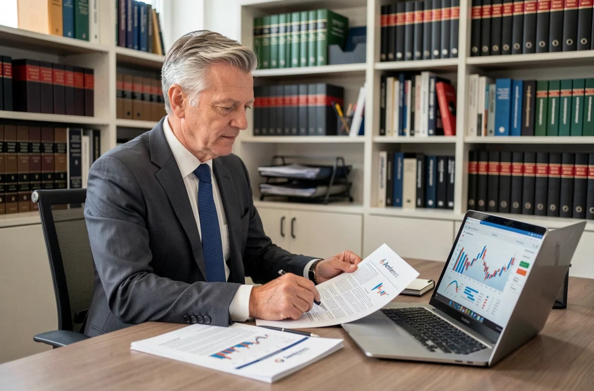 Conseiller patrimonial d'Olea Patrimoine examinant un rapport de portefeuille dans son bureau d'Amiens