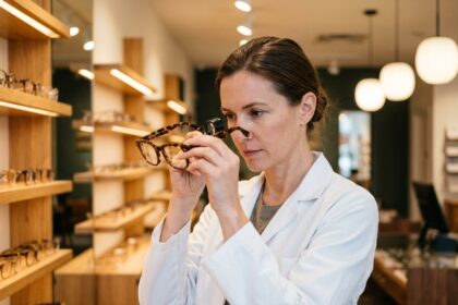 Opticienne inspectant une monture de lunettes de seconde main dans une boutique d'optique moderne