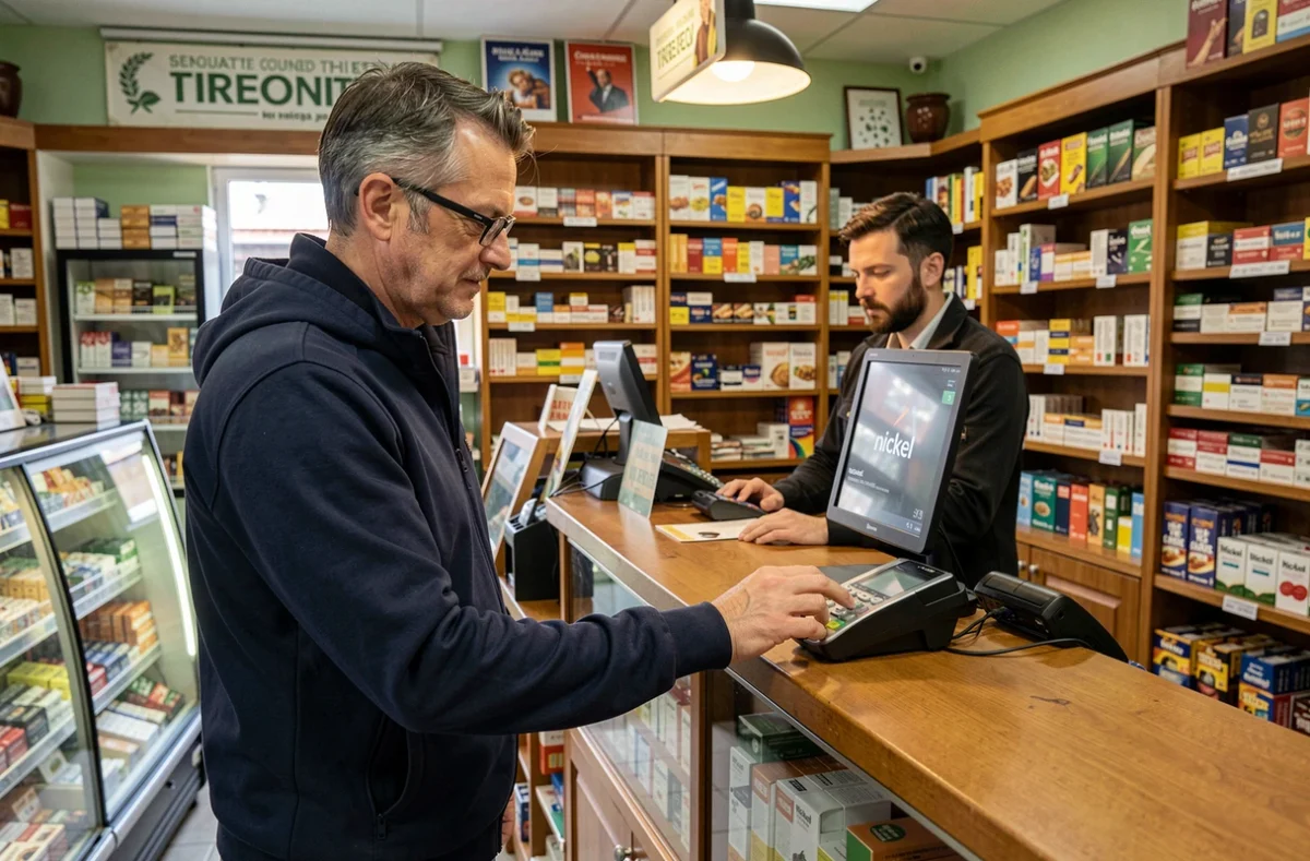 Homme effectuant un paiement sans contact avec sa carte Nickel dans un bureau de tabac français