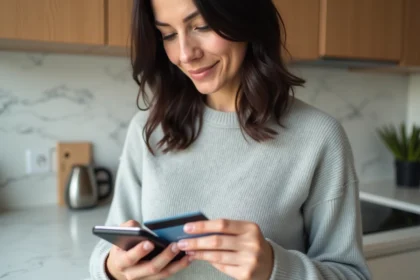 Femme payant sa facture Free Mobile avec une carte bancaire et son smartphone dans une cuisine moderne
