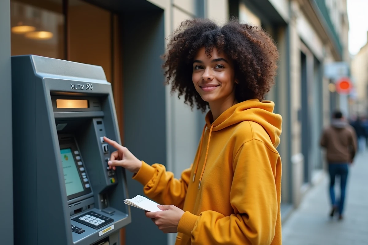 Personne effectuant le paiement de sa facture Free Mobile en espèces à un distributeur automatique en ville