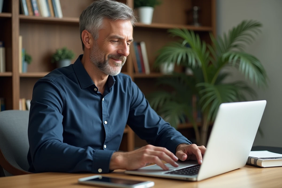 Homme réglant sa facture Free Mobile depuis un ordinateur portable sans espace abonné à son bureau