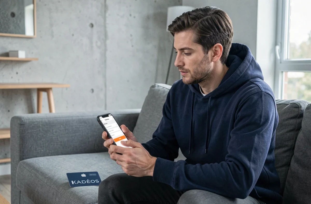 Homme effectuant un paiement en ligne avec un ticket Kadéos Infini via smartphone dans un salon moderne