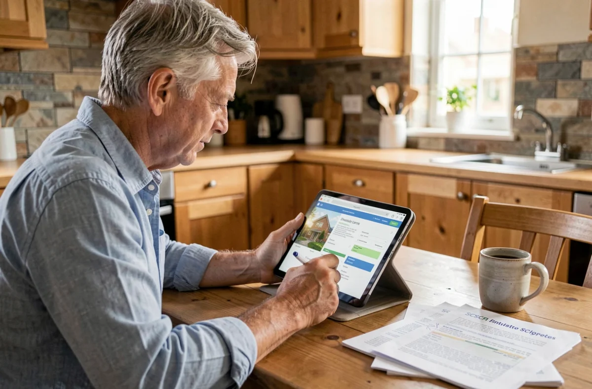 Particulier consultant les statuts SCPI sur tablette à domicile avant d'investir son épargne