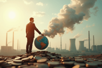 Homme d'affaires tenant un globe en fumée avec des usines polluantes en arrière-plan