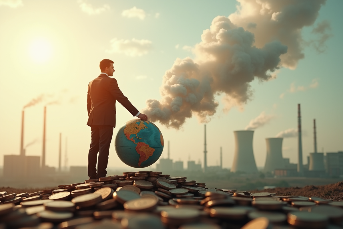 Homme d'affaires tenant un globe en fumée avec des usines polluantes en arrière-plan