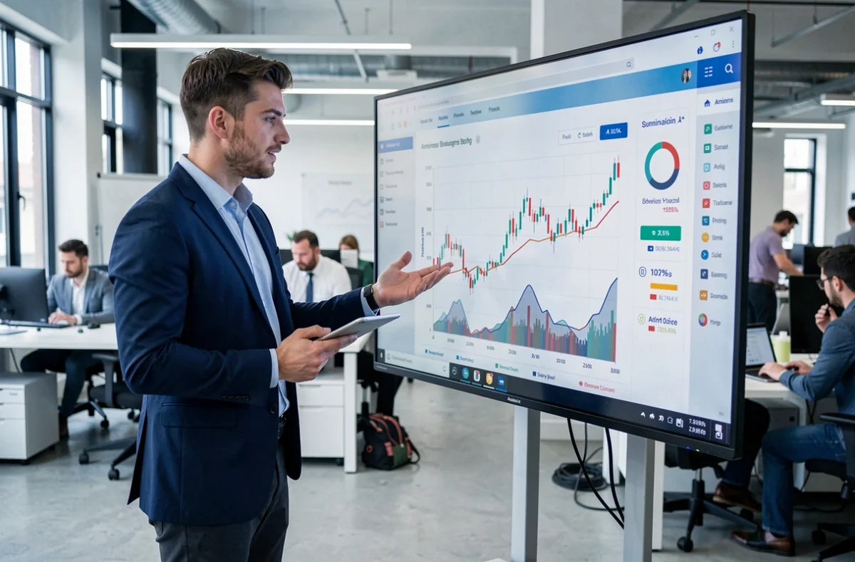 Conseiller en investissement de Peps Invest présentant des performances de portefeuille dans un bureau moderne d'Amiens