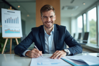 Personne d'affaires confiante signant des documents financiers