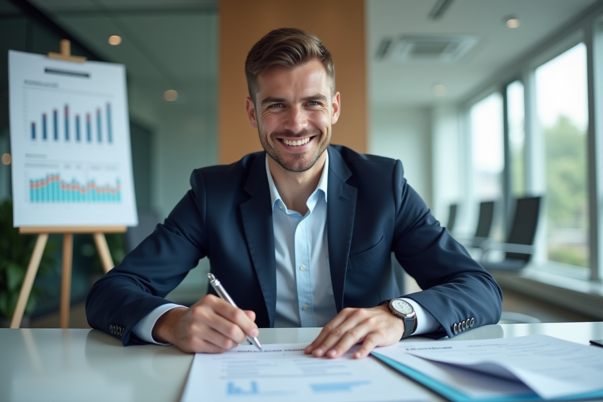 Personne d'affaires confiante signant des documents financiers