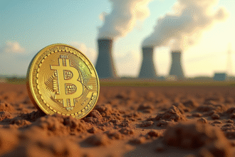 Pièce de Bitcoin en or brillant sur terre sèche avec centrale en arrière-plan