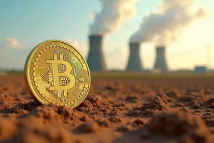 Pièce de Bitcoin en or brillant sur terre sèche avec centrale en arrière-plan