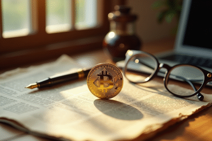 Pièce de Bitcoin dorée sur un vieux journal vintage