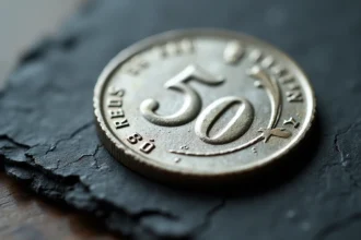 Pièce de 50 Francs 1977 en argent posée sur ardoise, vue de dessus avec détails du relief en macro