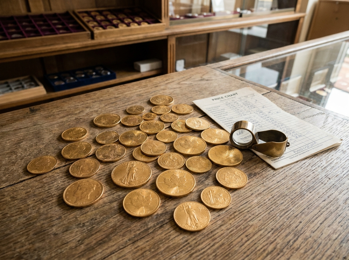 Assortiment de pièces d'or et loupe sur table en bois chez un marchand numismate