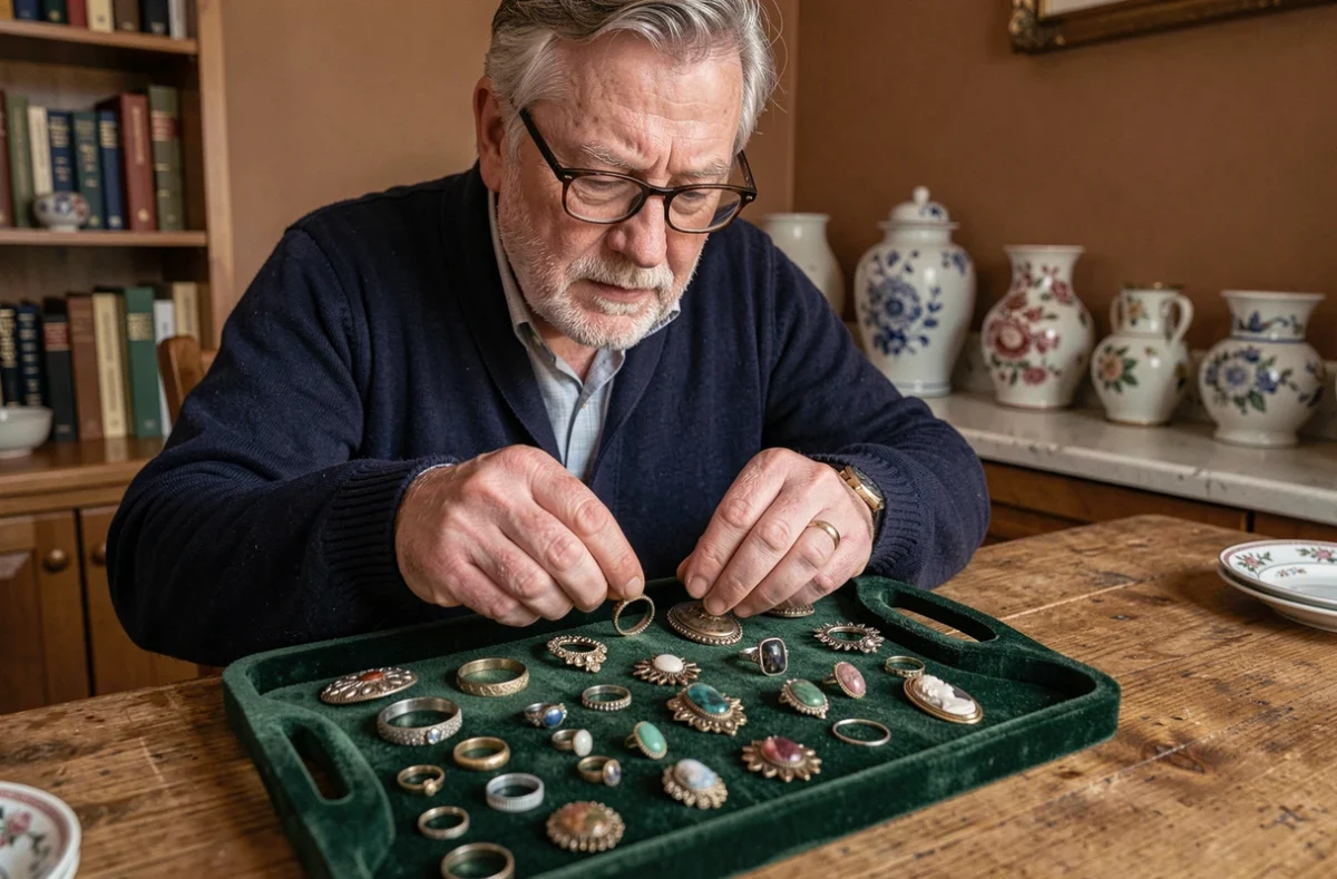Collectionneur préparant ses bijoux vintage pour les vendre en ligne depuis son domicile