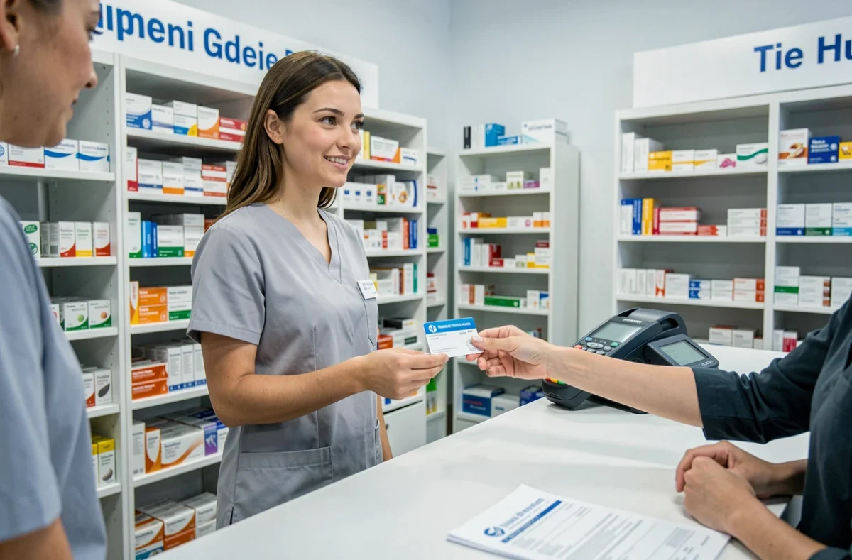 Une jeune femme présente sa carte de mutuelle santé à la pharmacie