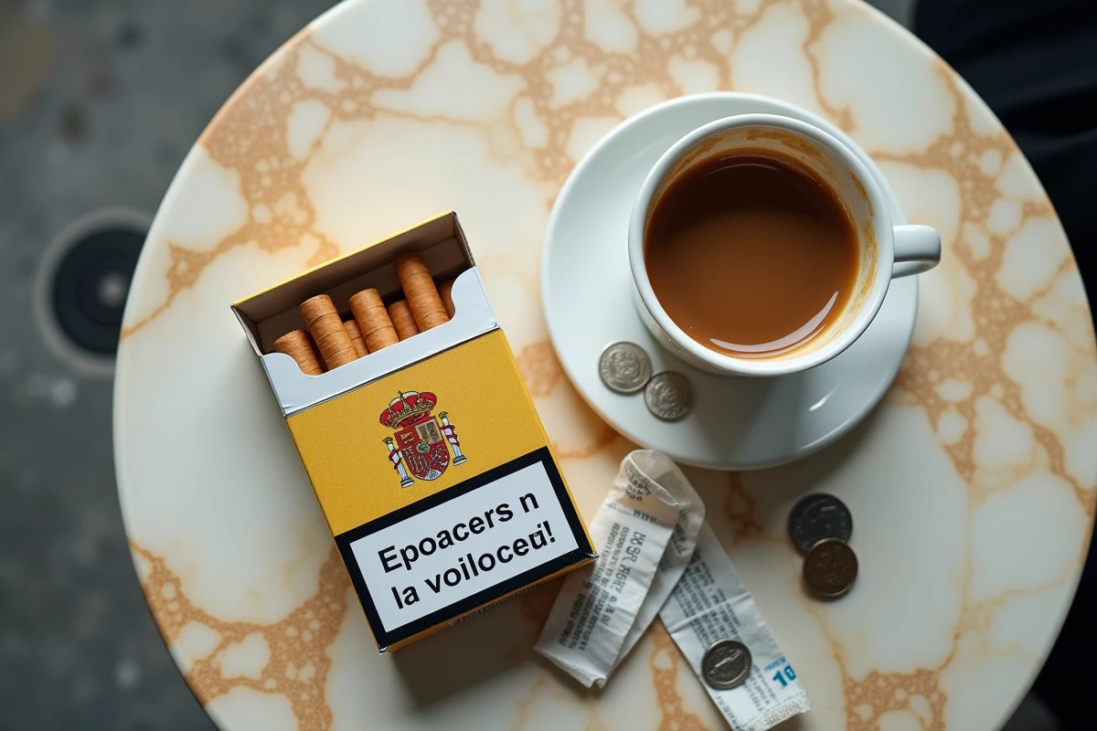 Pack de cigarettes espagnol avec pièces d'euro et reçu sur une table de café, illustration du budget tabac 2026