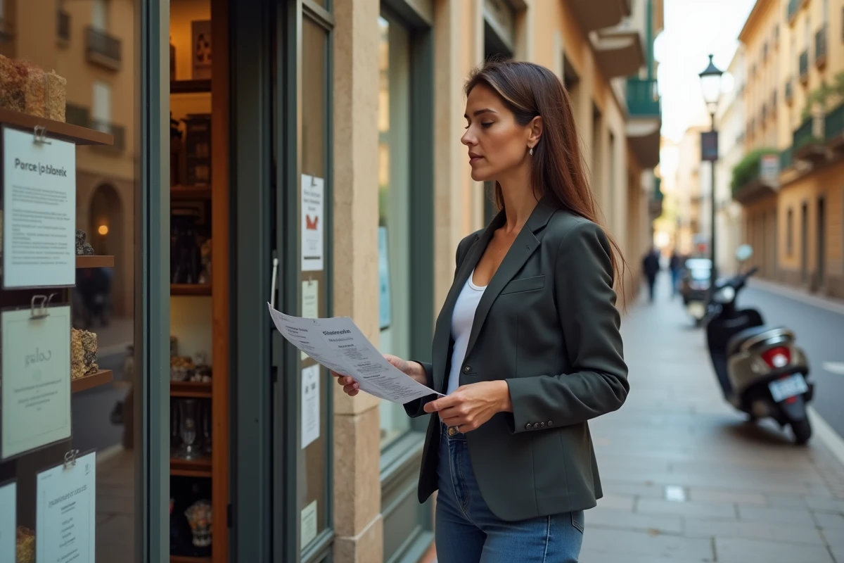 Femme consultant l'affichage des prix du tabac devant un estanco espagnol en ville