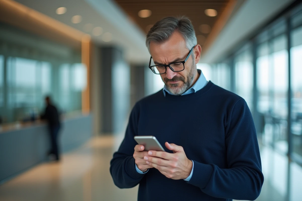 Homme consultant son téléphone face à un problème de connexion sur l'espace client bancaire BNP Paribas