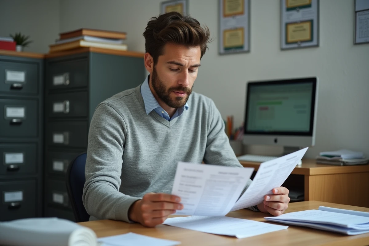 Professeur masculin consultant le calendrier des dates de paye 2026 dans un bureau administratif scolaire