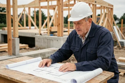 Professionnel du bâtiment consultant des plans de construction sur un chantier de maison individuelle, garantie décennale