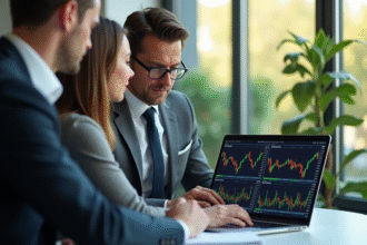 Homme et femme en affaires analysant des graphiques ETF colorés