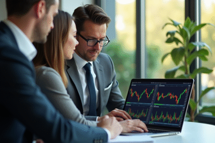 Homme et femme en affaires analysant des graphiques ETF colorés