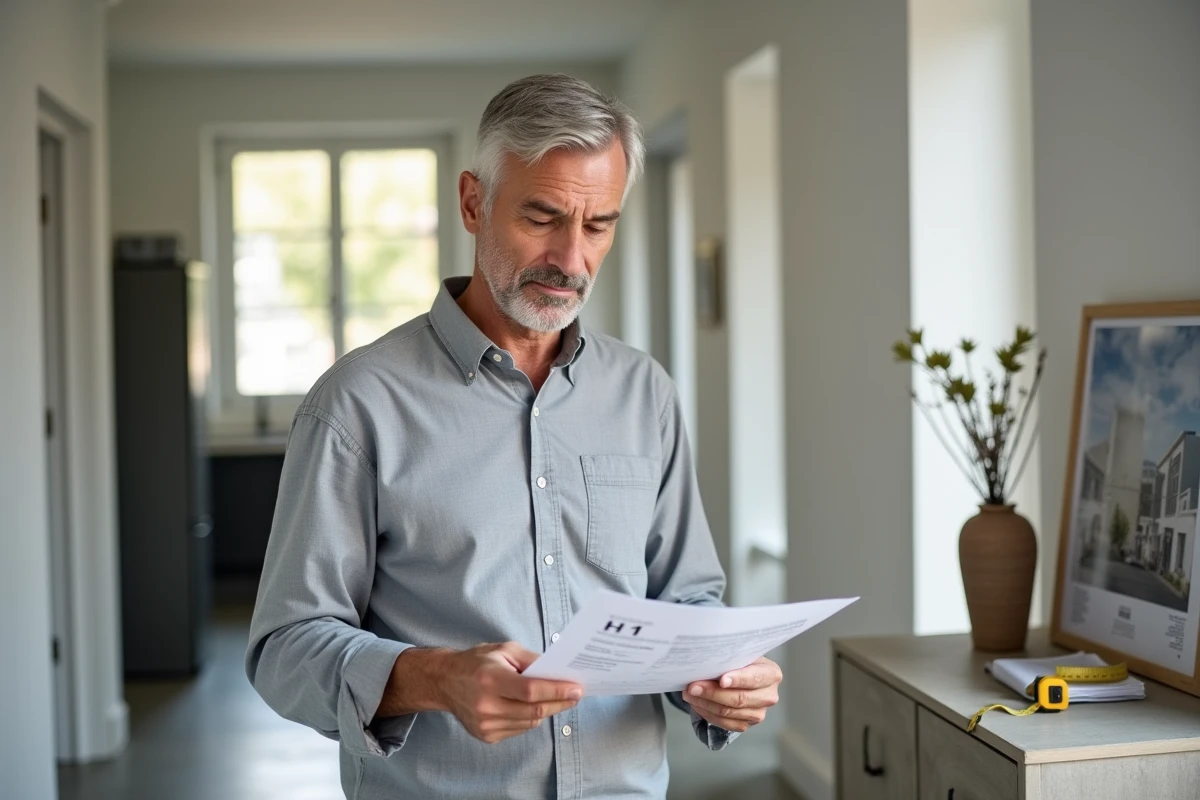 Propriétaire examinant un formulaire H1 dans un appartement rénové prêt pour la déclaration fiscale