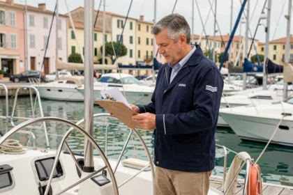 Propriétaire de voilier consultant des documents d'assurance bateau dans un port de plaisance français