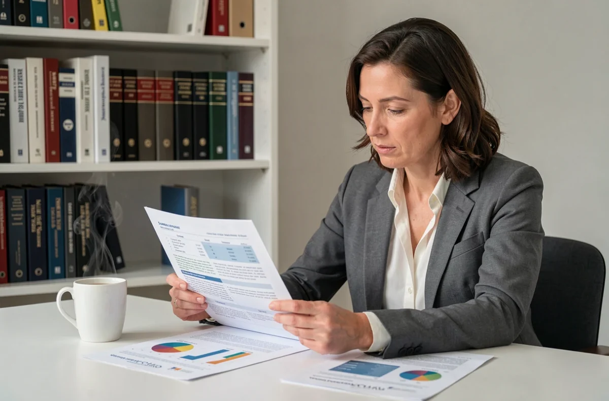 Conseillère du cabinet Prosper Conseil analysant un plan financier dans un bureau de la Somme
