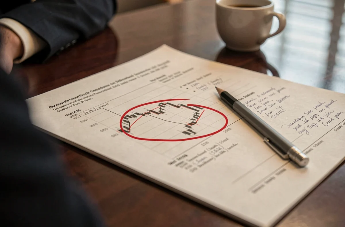 Rapport financier imprimé avec un pattern double bottom annoté à la main sur une table de salle de réunion