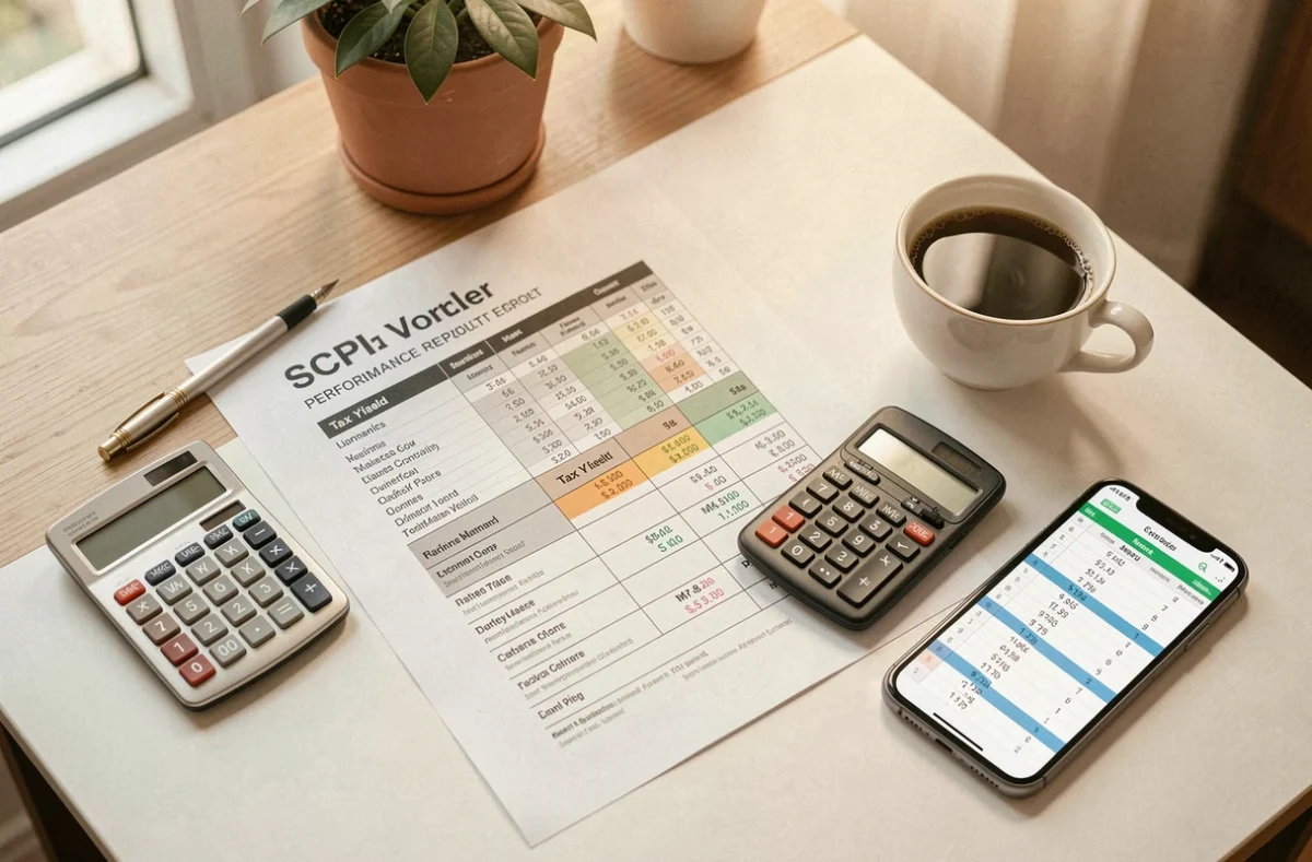 Vue de dessus d'un rapport de rendement SCPI avec calculs fiscaux sur un bureau épuré