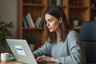 Femme récupérant son identifiant sur un site de compte en ligne depuis un ordinateur portable à son bureau